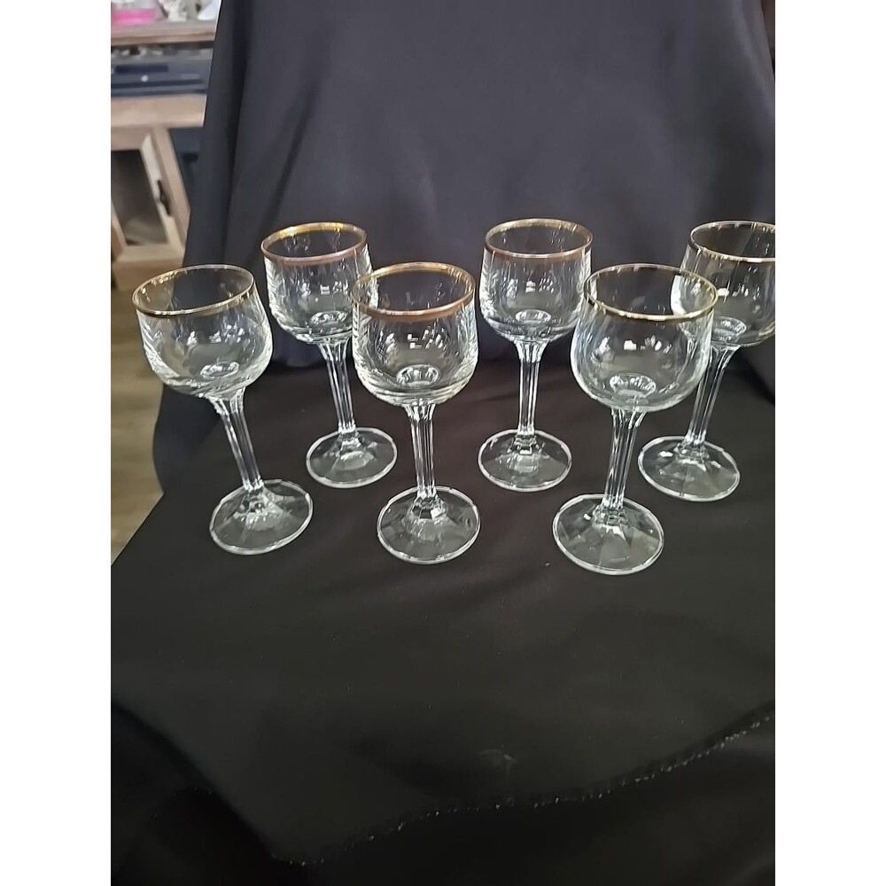 Vintage Gold Rimmed Cordial Glasses - Set of 6 Clear Crystal Stemware Liqueur